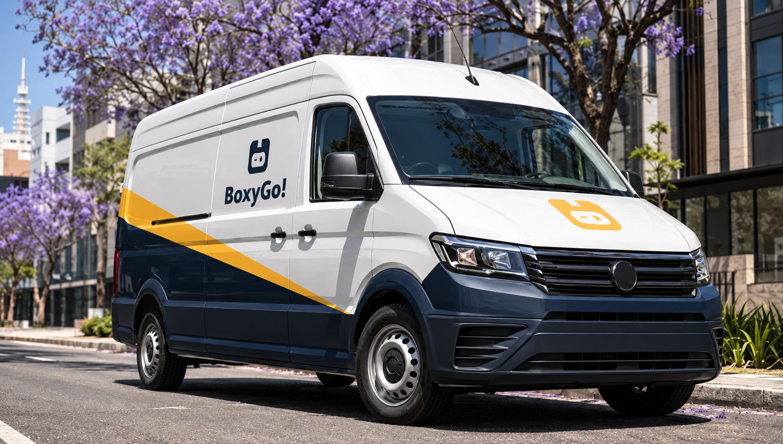 Camioneta de reparto de BoxyGo! con banda amarilla