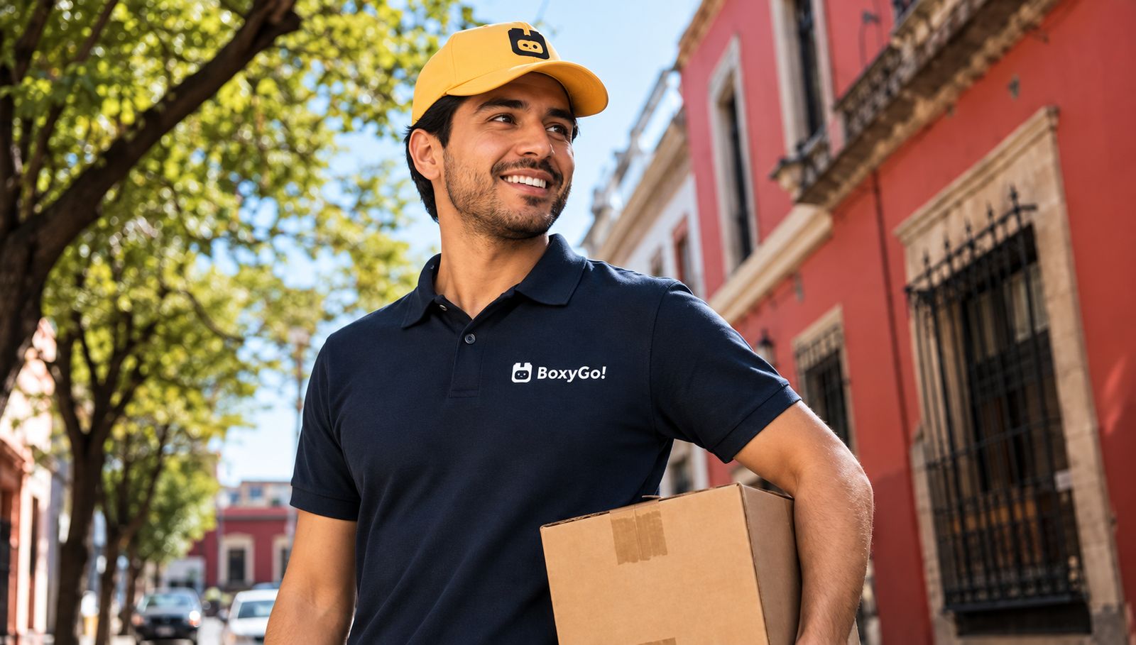 Repartidor de BoxyGo! con uniforme azul y gorra amarilla entregando una caja