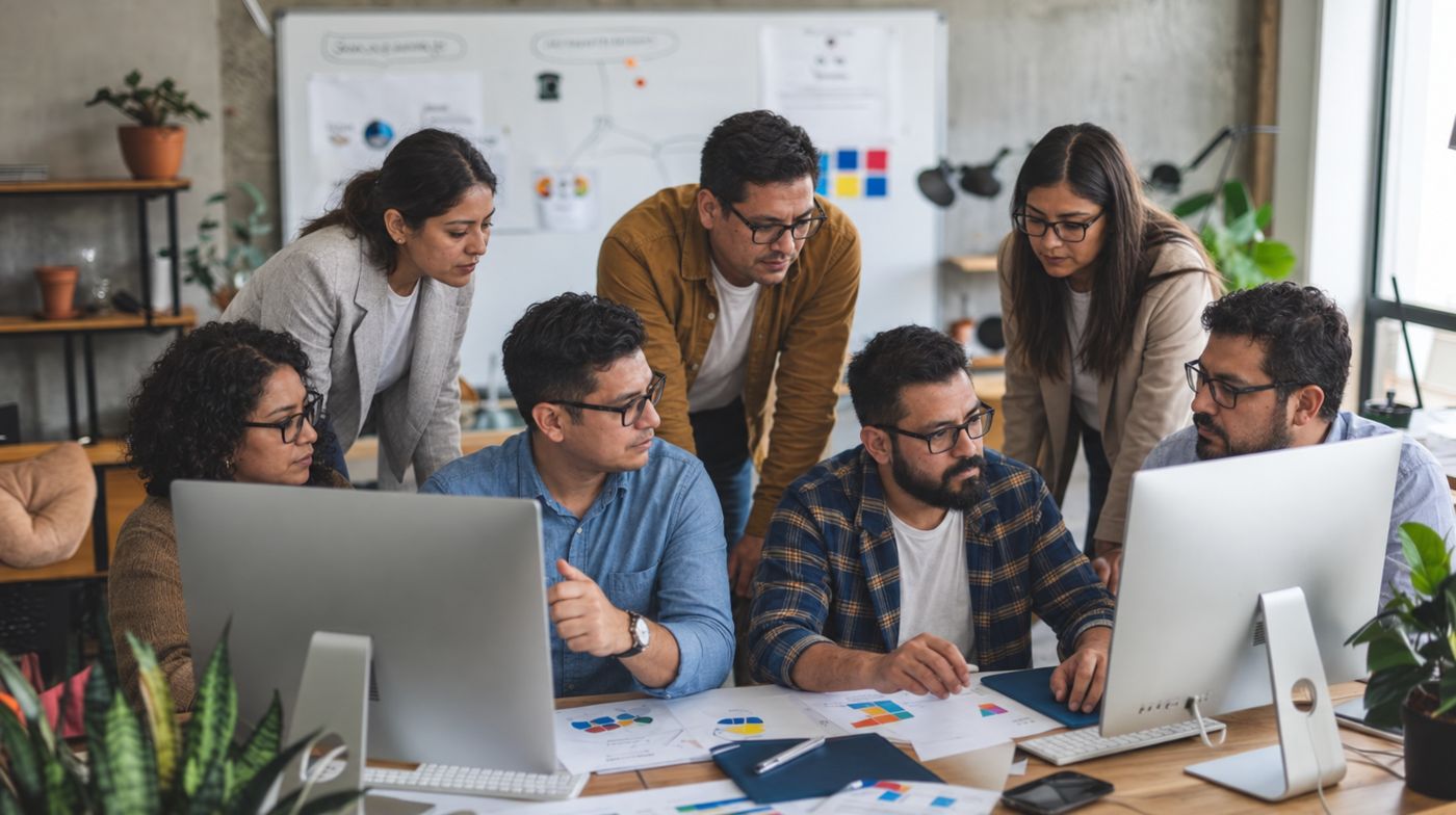 Equipo de estrategia comercial revisando gráficas frente a sus computadoras