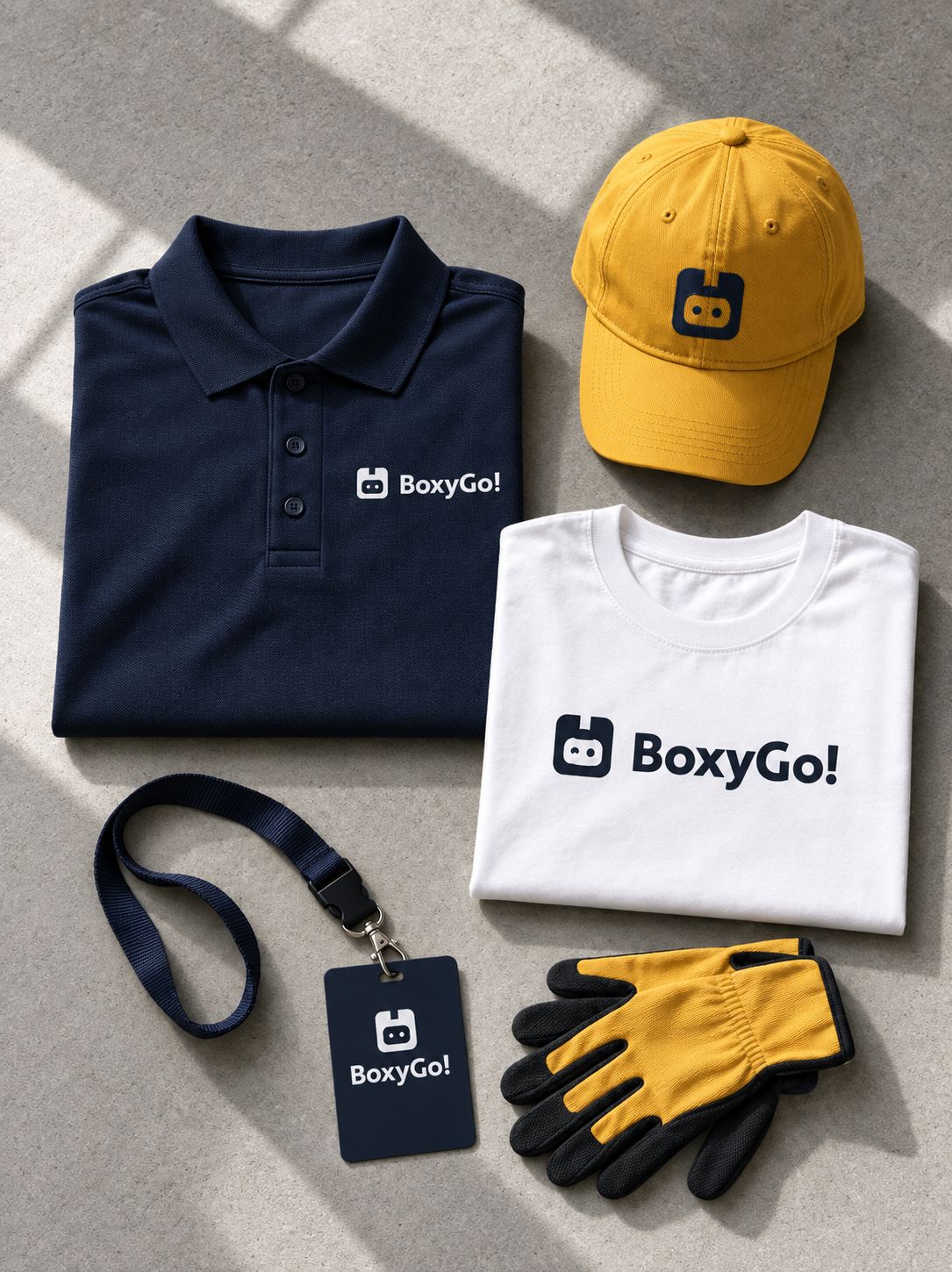 Uniformes de BoxyGo!: polo azul, gorra amarilla, playera, gafete y guantes